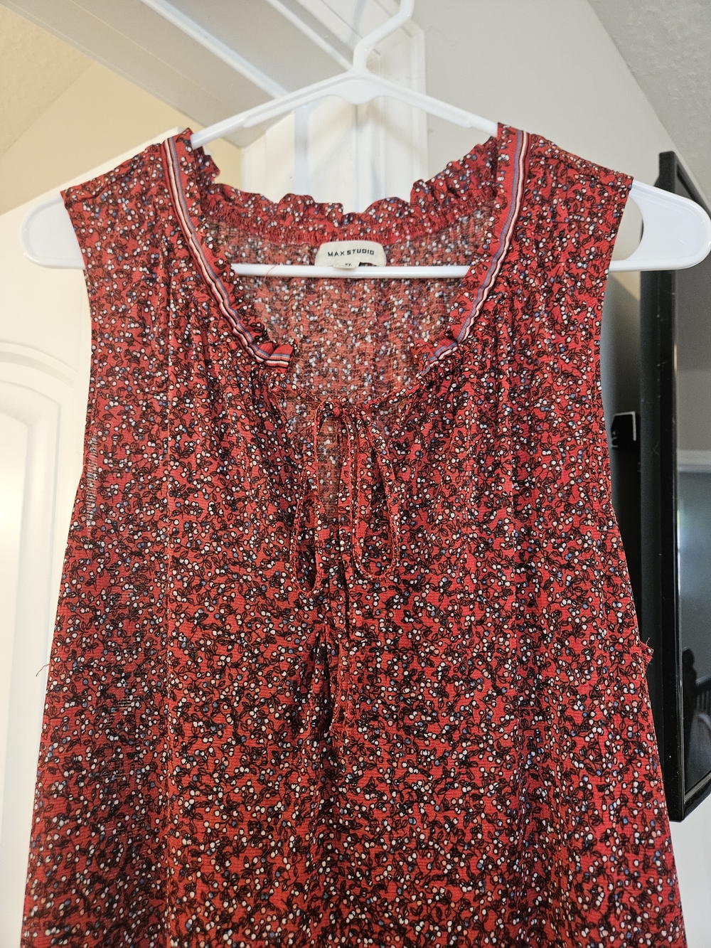 Max Studio Red Floral Ruffle-Neck Sleeveless Dress